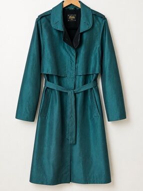 Vintage Luba Paris Teal Trench Coat Dramatic Collar Belted 80s Art Deco